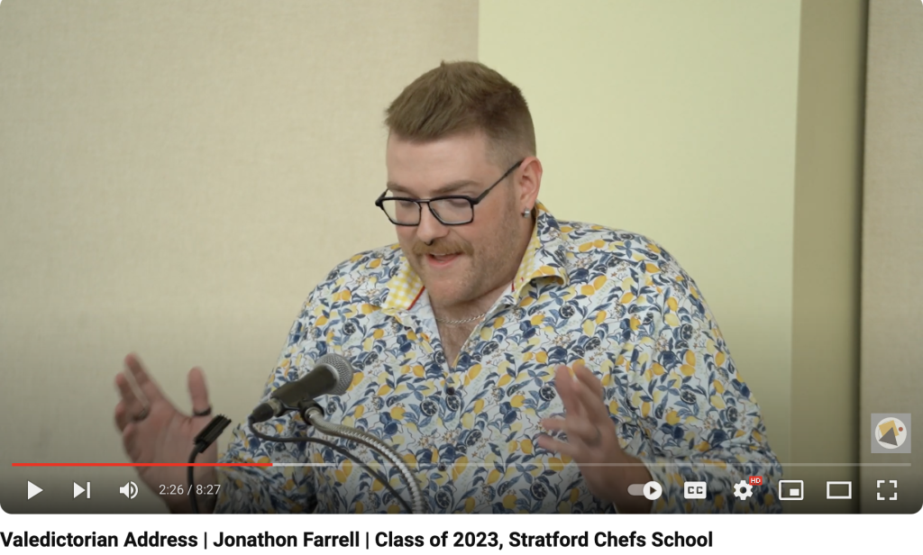 Valedictorian Jonathon Farrell speaks at Stratford Chefs School Graduation 2023.